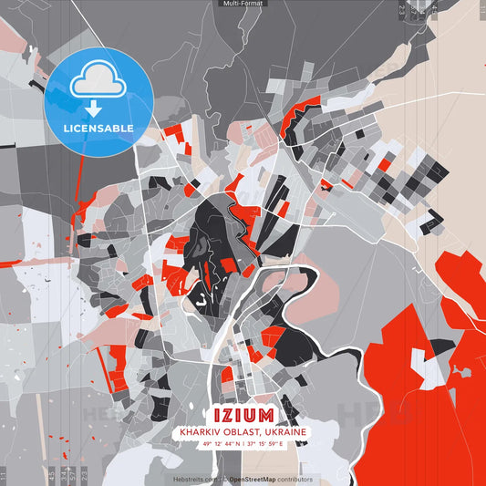 Izium, Kharkiv Oblast, Ukraine - modern street map poster template with gray and red tones