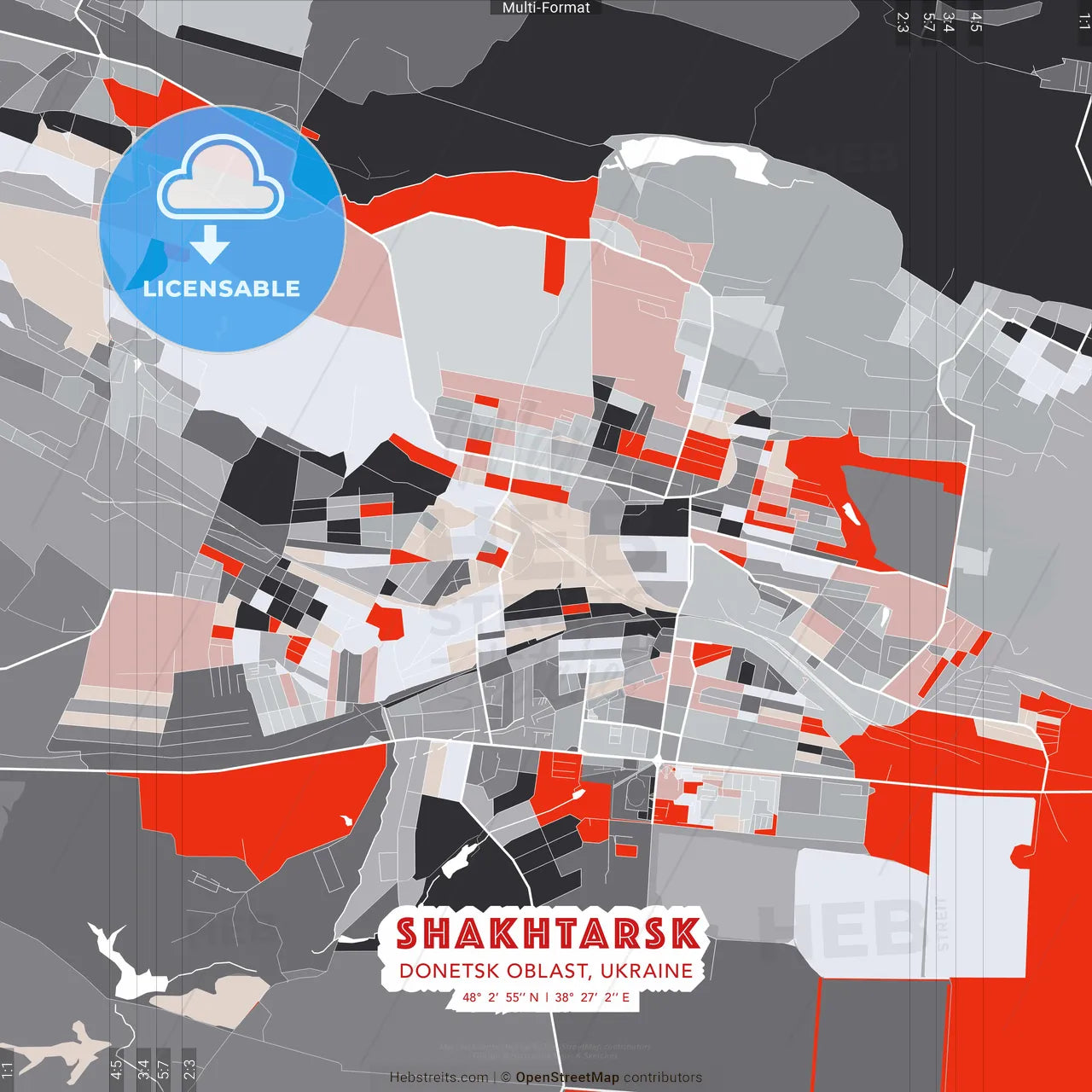 Shakhtarsk, Donetsk Oblast, Ukraine - modern street map poster template with gray and red tones