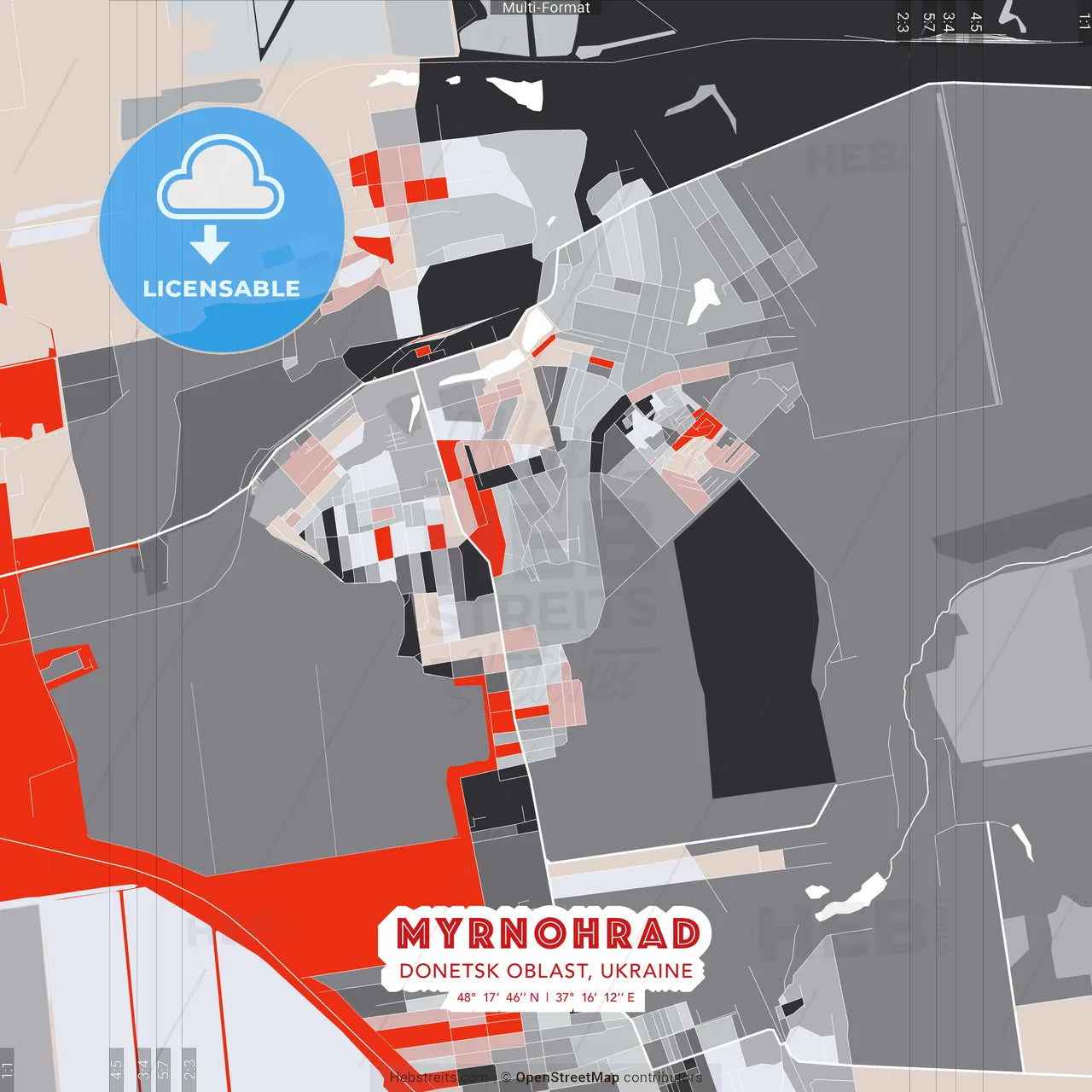 Myrnohrad, Donetsk Oblast, Ukraine - modern street map poster template with gray and red tones