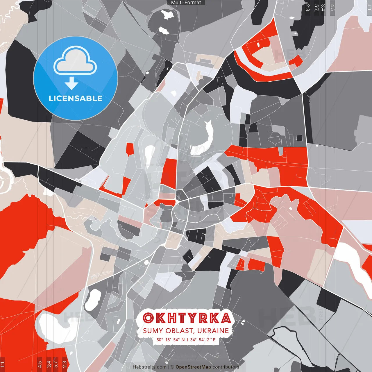 Okhtyrka, Sumy Oblast, Ukraine - modern street map poster template with gray and red tones