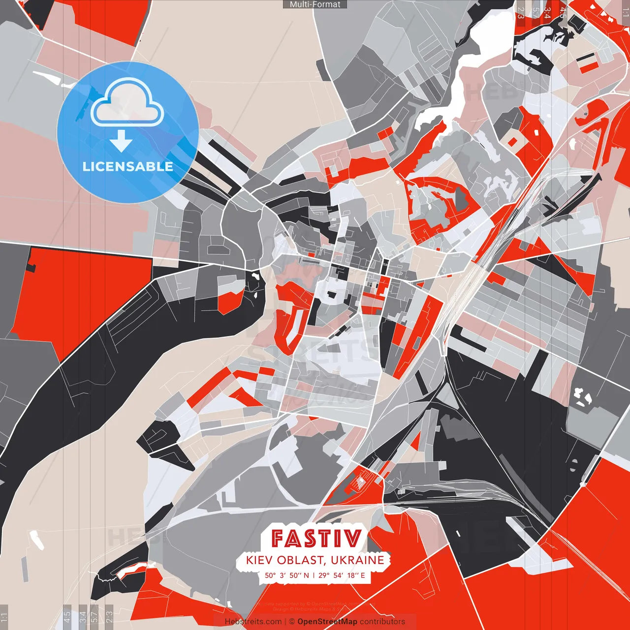 Fastiv, Kyiv Oblast, Ukraine - modern street map poster template with gray and red tones