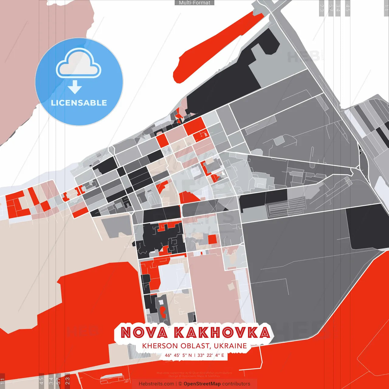 Nova Kakhovka, Kherson Oblast, Ukraine - modern street map poster template with gray and red tones