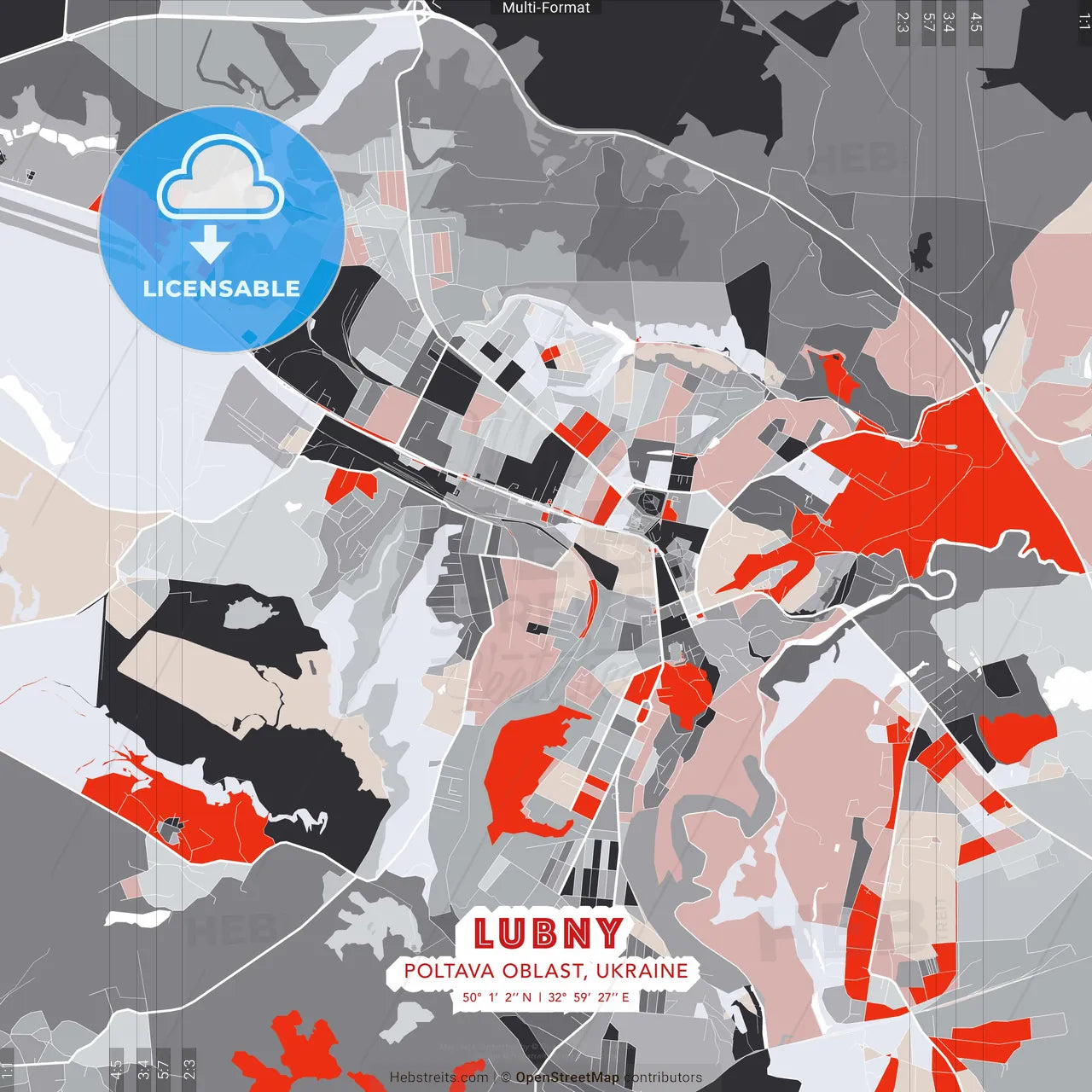 Lubny, Poltava Oblast, Ukraine - modern street map poster template with gray and red tones