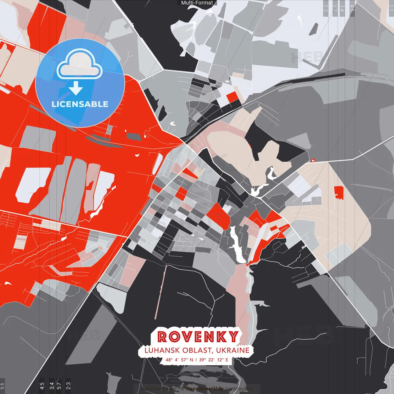 Rovenky, Luhansk Oblast, Ukraine - modern street map poster template with gray and red tones