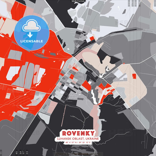 Rovenky, Luhansk Oblast, Ukraine - modern street map poster template with gray and red tones