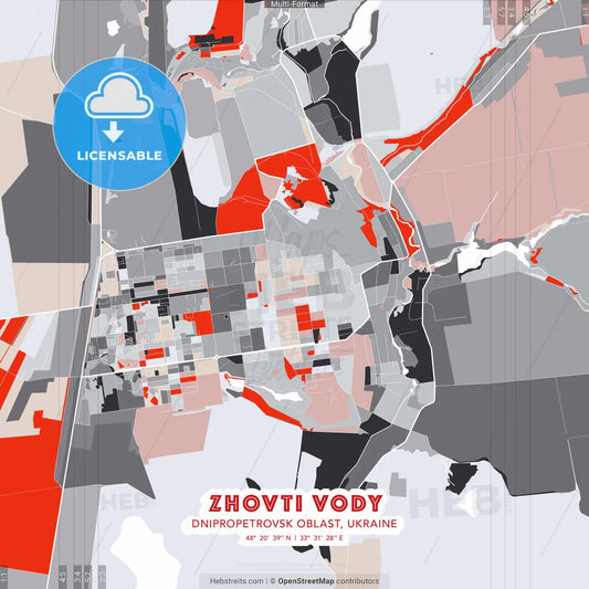 Zhovti Vody, Dnipropetrovsk Oblast, Ukraine - modern street map poster template with gray and red tones