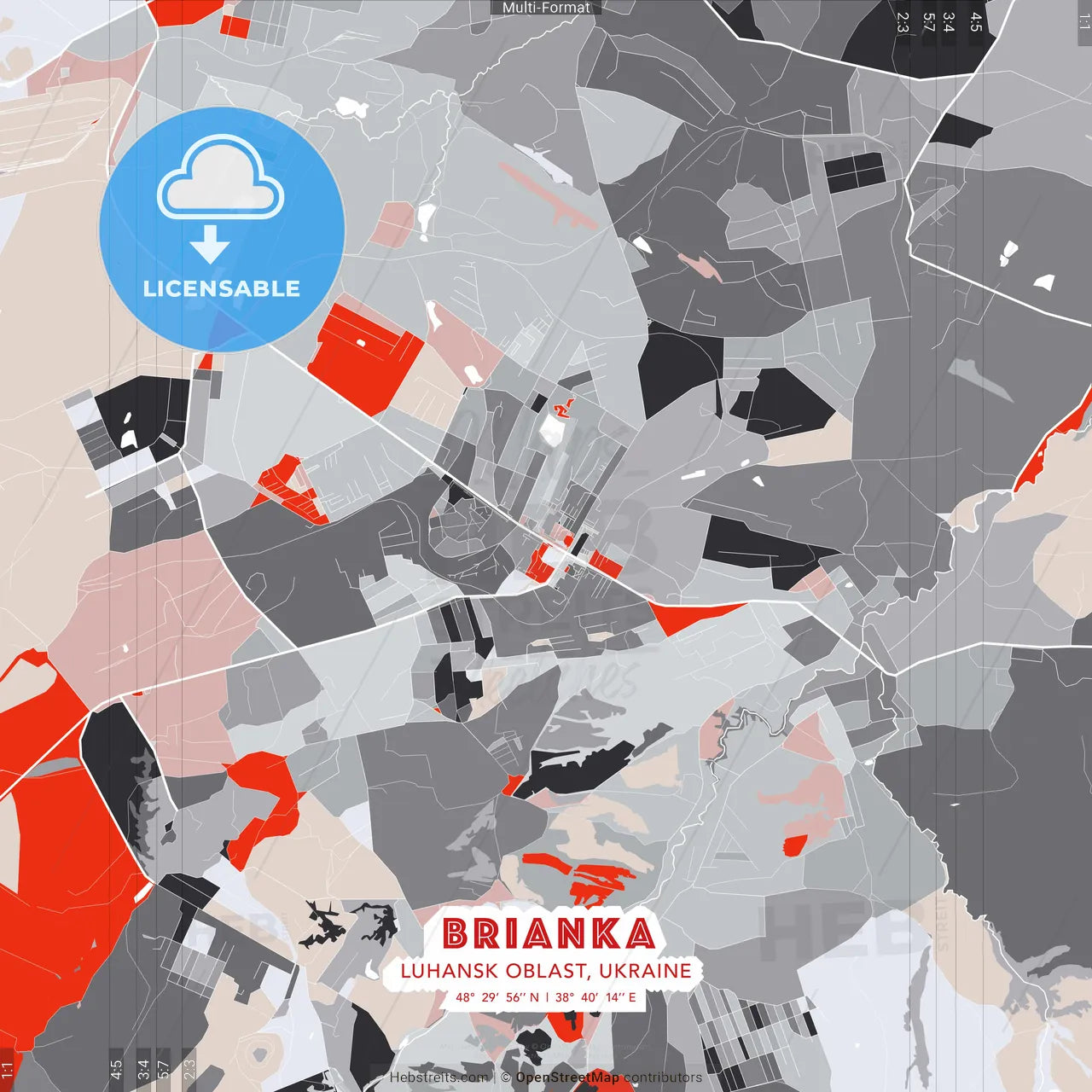 Brianka, Luhansk Oblast, Ukraine - modern street map poster template with gray and red tones