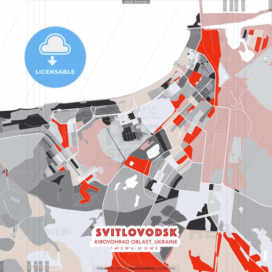 Svitlovodsk, Kirovohrad Oblast, Ukraine - modern street map poster template with gray and red tones