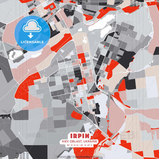 Irpin, Kyiv Oblast, Ukraine - modern street map poster template with gray and red tones