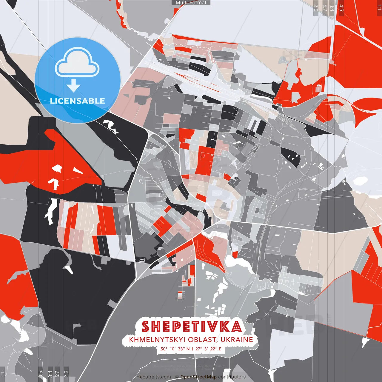 Shepetivka, Khmelnytskyi Oblast, Ukraine - modern street map poster template with gray and red tones