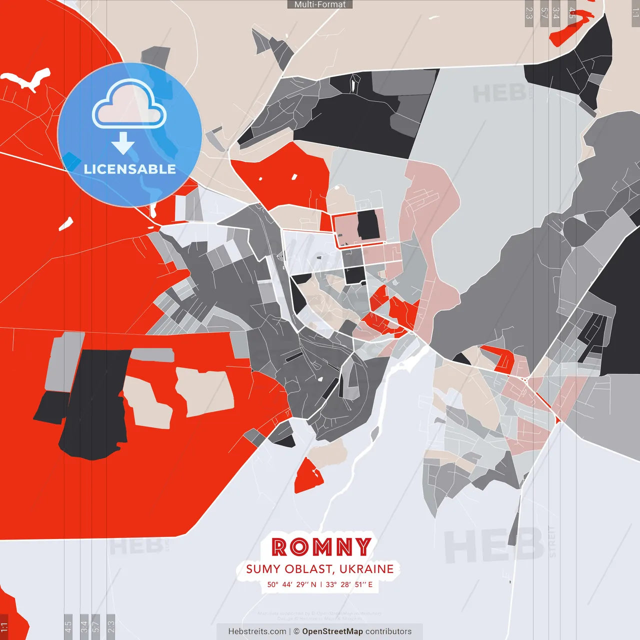 Romny, Sumy Oblast, Ukraine - modern street map poster template with gray and red tones