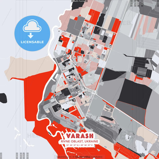 Varash, Rivne Oblast, Ukraine - modern street map poster template with gray and red tones