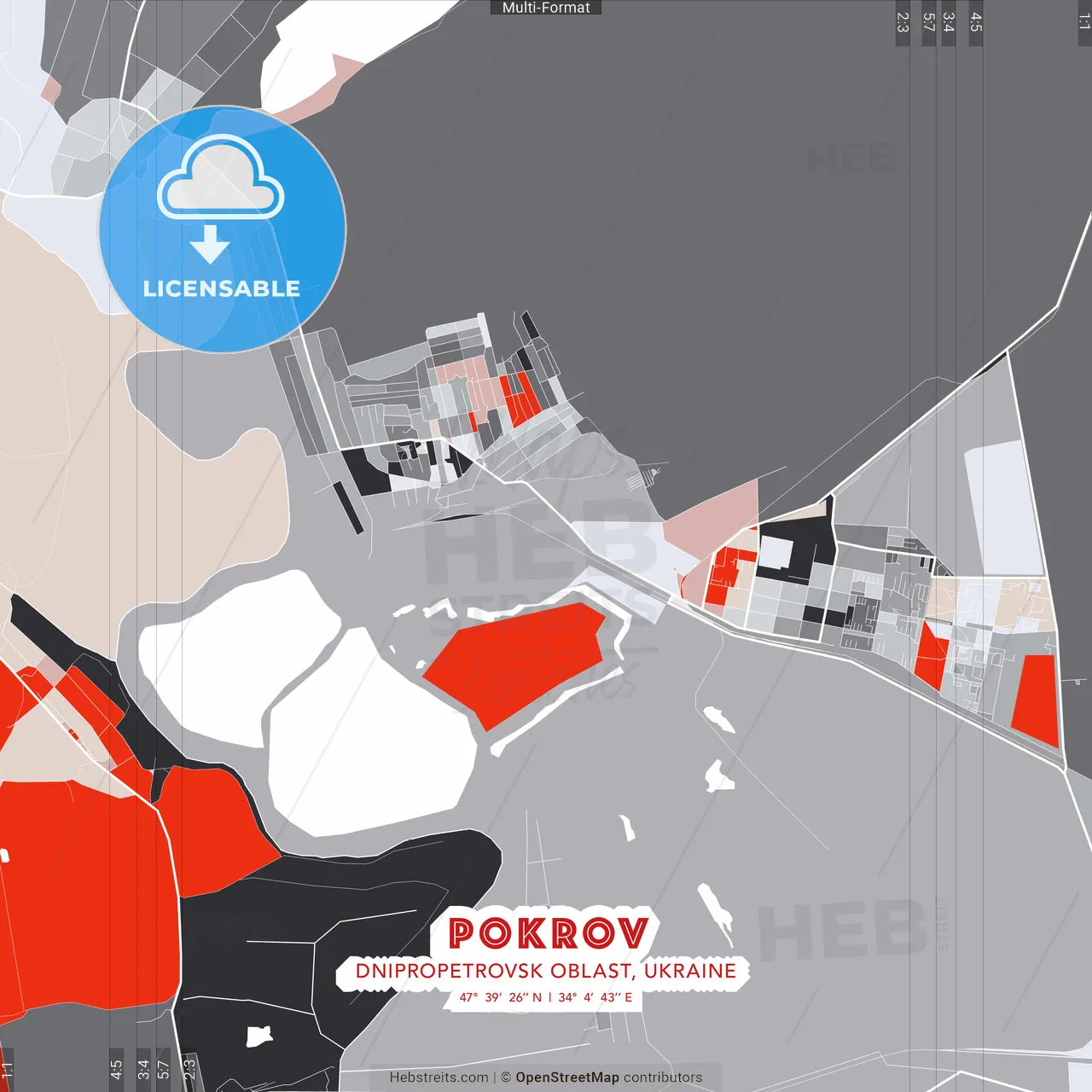 Pokrov, Dnipropetrovsk Oblast, Ukraine - modern street map poster template with gray and red tones