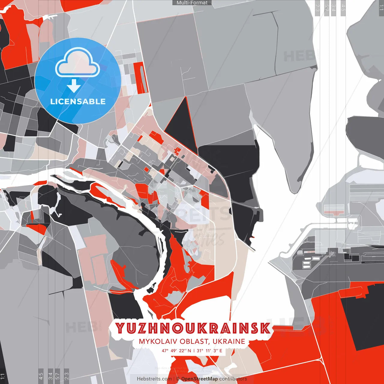 Yuzhnoukrainsk, Mykolaiv Oblast, Ukraine - modern street map poster template with gray and red tones
