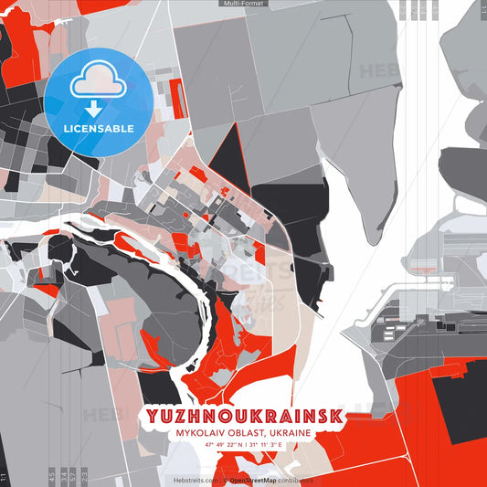 Yuzhnoukrainsk, Mykolaiv Oblast, Ukraine - modern street map poster template with gray and red tones