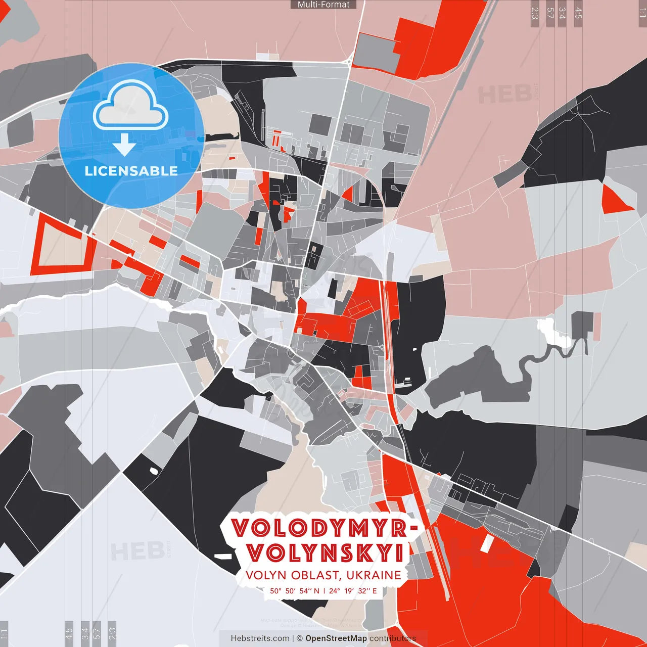Volodymyr-Volynskyi, Volyn Oblast, Ukraine - modern street map poster template with gray and red tones