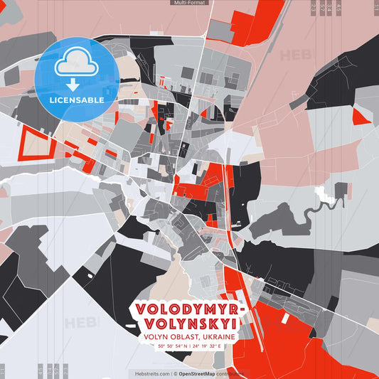 Volodymyr-Volynskyi, Volyn Oblast, Ukraine - modern street map poster template with gray and red tones