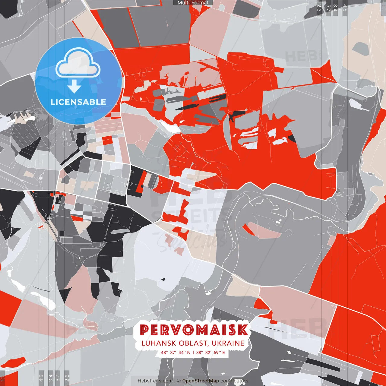 Pervomaisk, Luhansk Oblast, Ukraine - modern street map poster template with gray and red tones