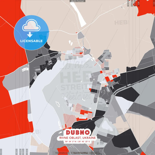 Dubno, Rivne Oblast, Ukraine - modern street map poster template with gray and red tones