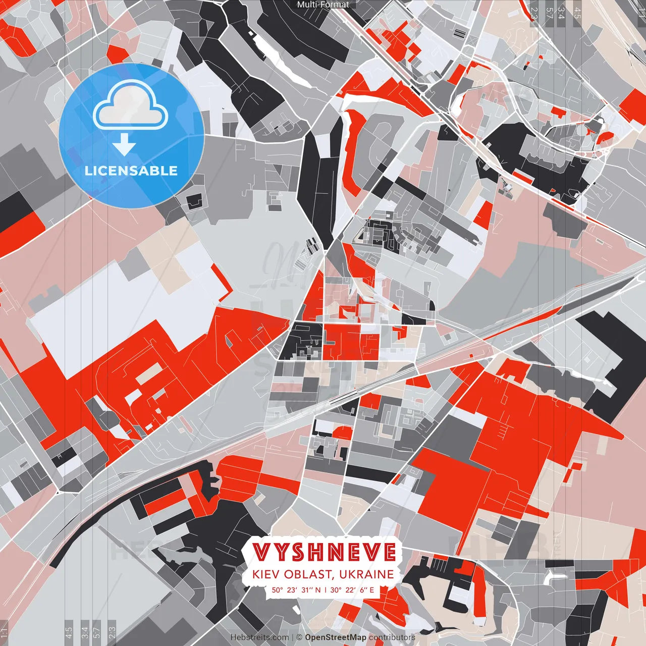 Vyshneve, Kyiv Oblast, Ukraine - modern street map poster template with gray and red tones