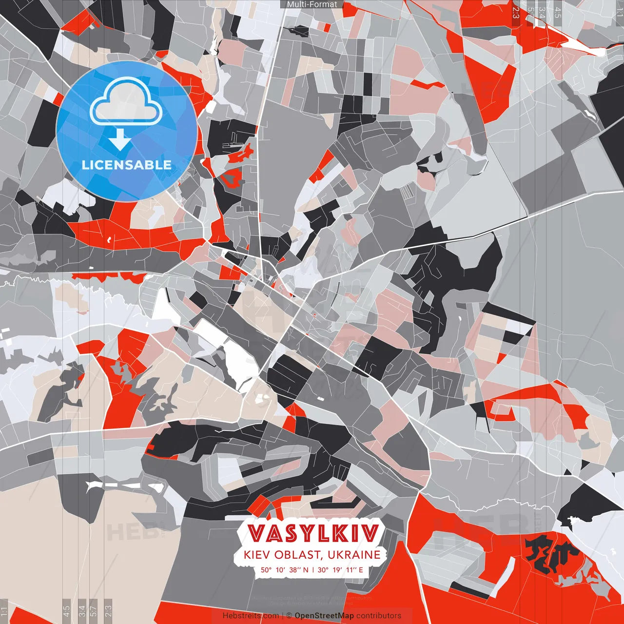 Vasylkiv, Kyiv Oblast, Ukraine - modern street map poster template with gray and red tones