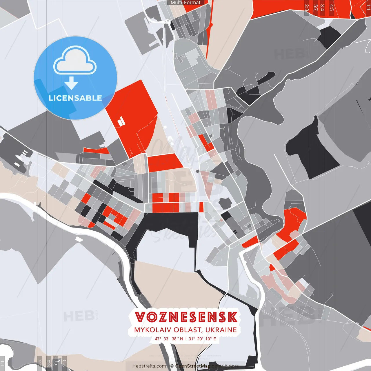 Voznesensk, Mykolaiv Oblast, Ukraine - modern street map poster template with gray and red tones