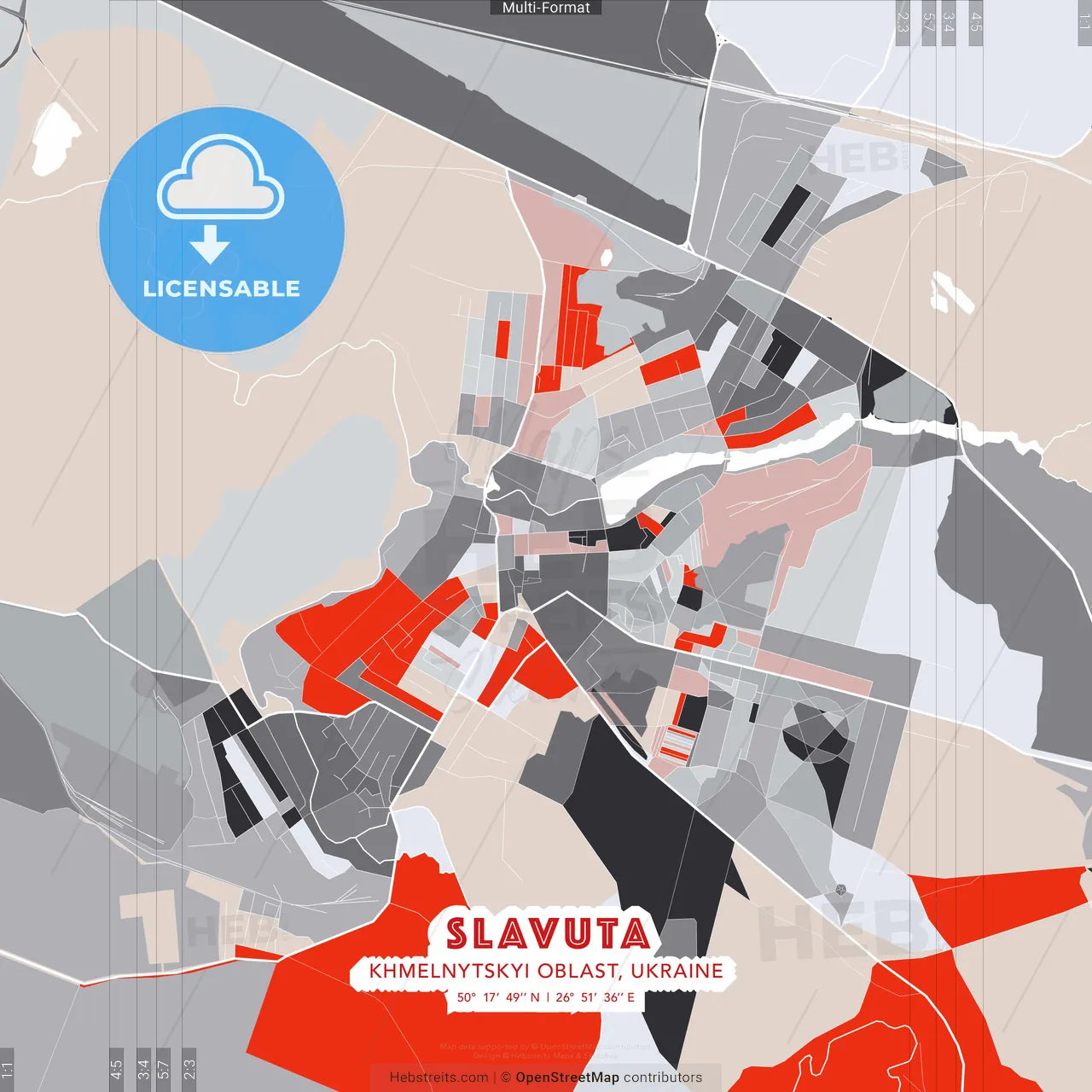 Slavuta, Khmelnytskyi Oblast, Ukraine - modern street map poster template with gray and red tones