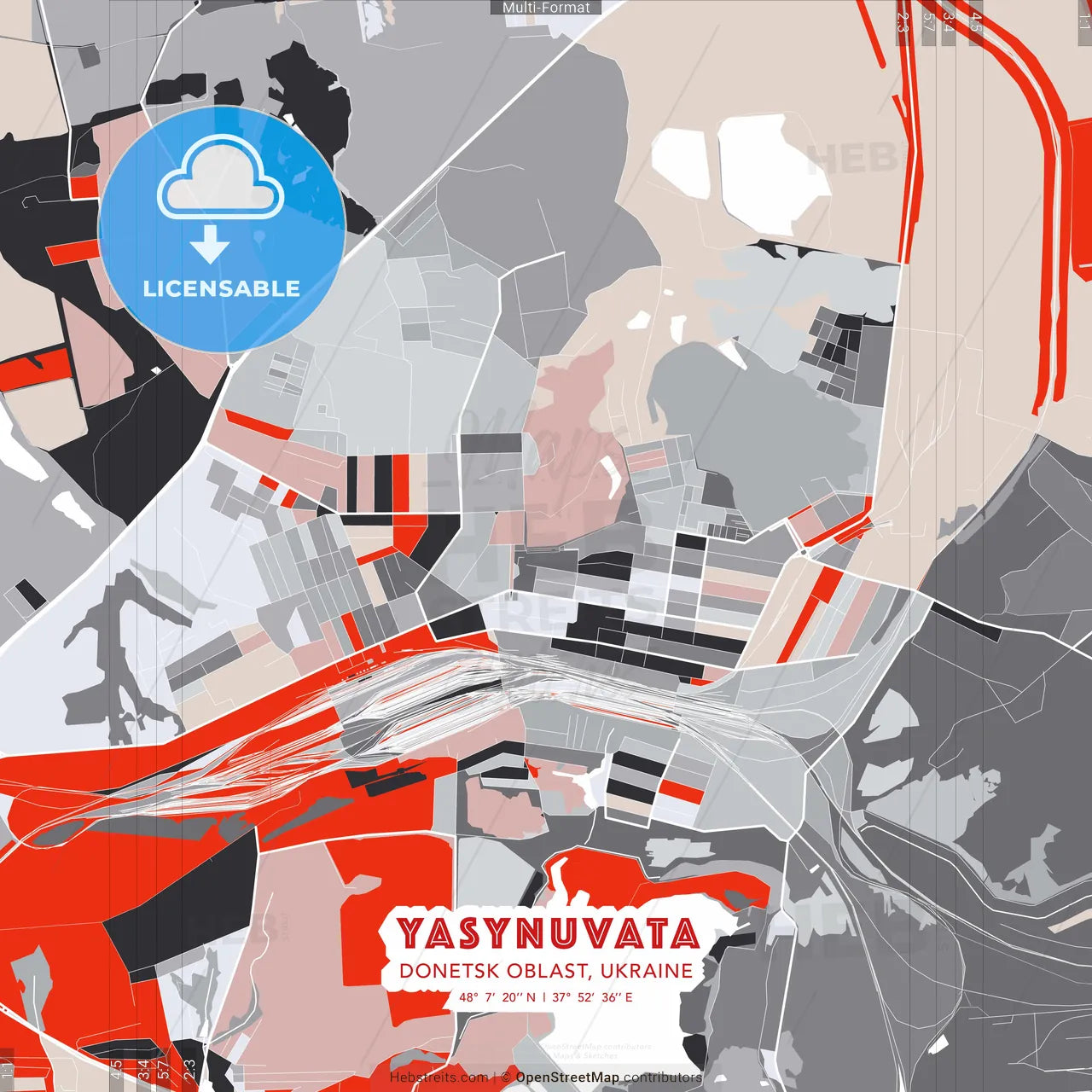 Yasynuvata, Donetsk Oblast, Ukraine - modern street map poster template with gray and red tones