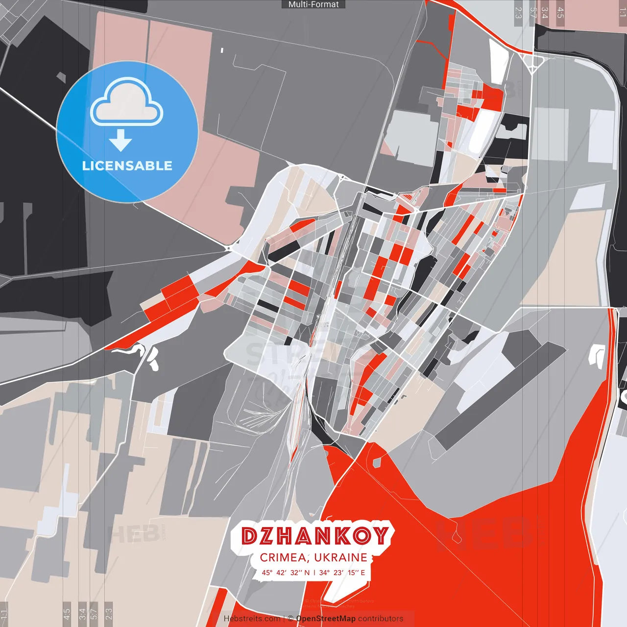 Dzhankoy, Crimea, Ukraine - modern street map poster template with gray and red tones