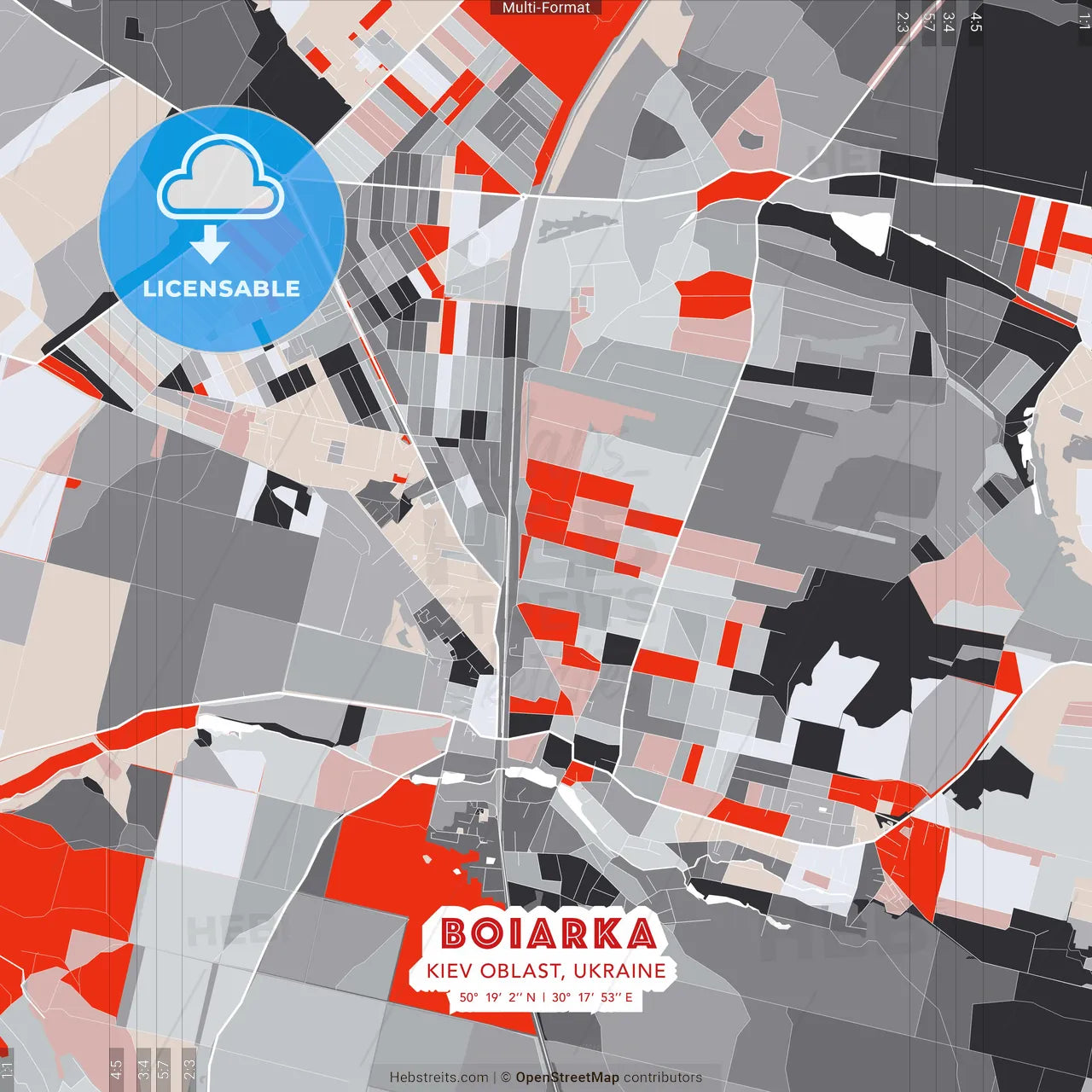 Boiarka, Kyiv Oblast, Ukraine - modern street map poster template with gray and red tones