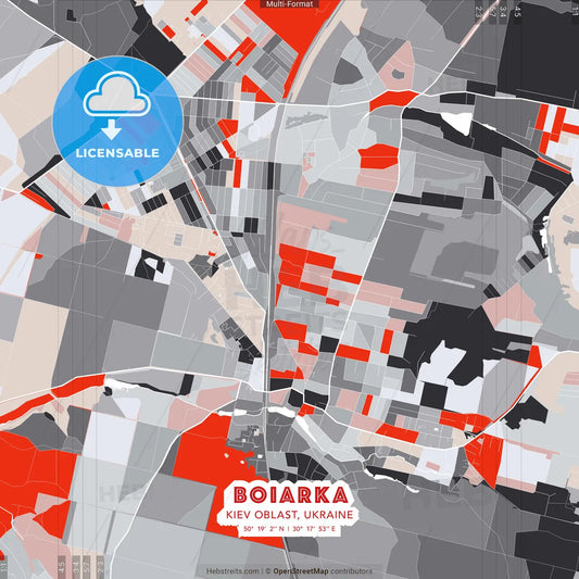 Boiarka, Kyiv Oblast, Ukraine - modern street map poster template with gray and red tones
