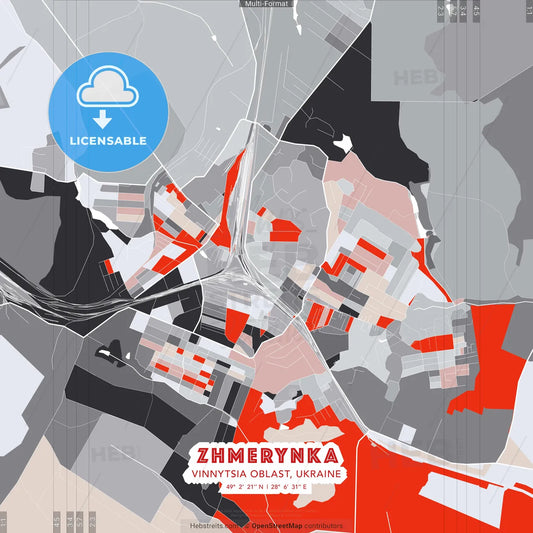 Zhmerynka, Vinnytsia Oblast, Ukraine - modern street map poster template with gray and red tones