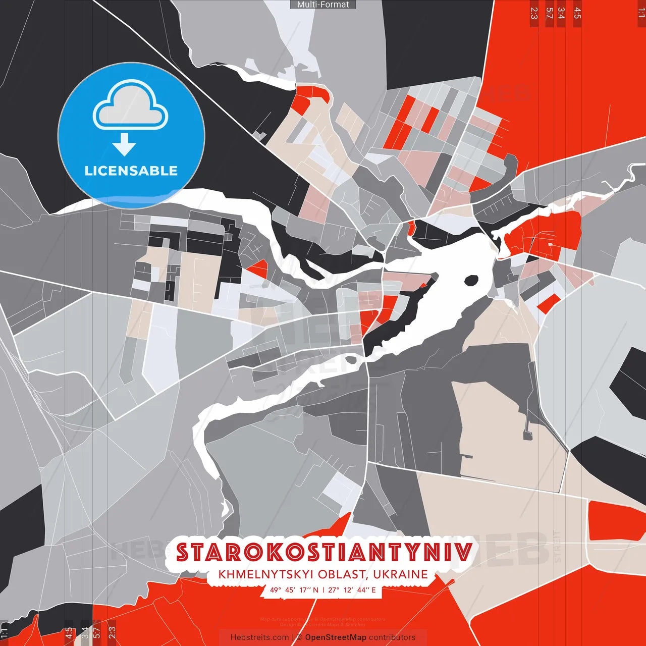 Starokostiantyniv, Khmelnytskyi Oblast, Ukraine - modern street map poster template with gray and red tones