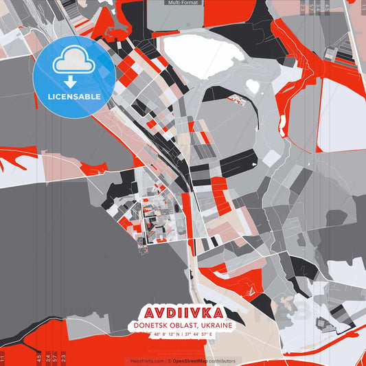 Avdiivka, Donetsk Oblast, Ukraine - modern street map poster template with gray and red tones