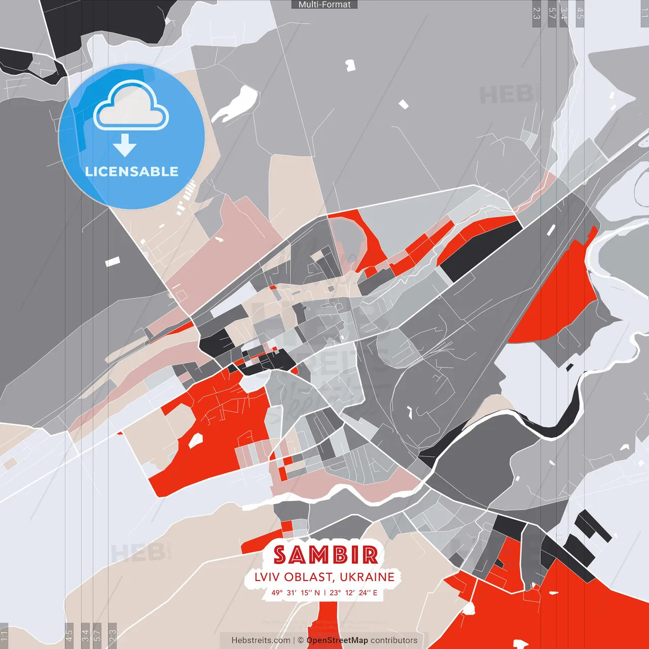 Sambir, Lviv Oblast, Ukraine - modern street map poster template with gray and red tones