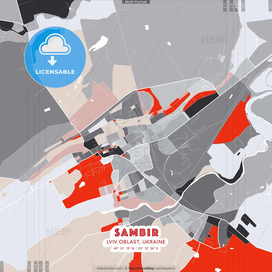 Sambir, Lviv Oblast, Ukraine - modern street map poster template with gray and red tones