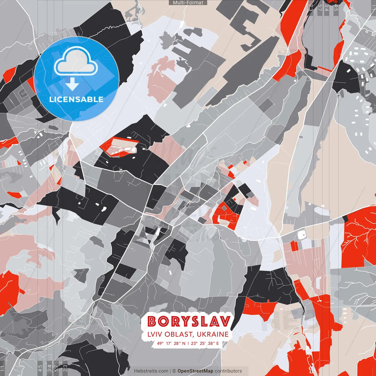 Boryslav, Lviv Oblast, Ukraine - modern street map poster template with gray and red tones