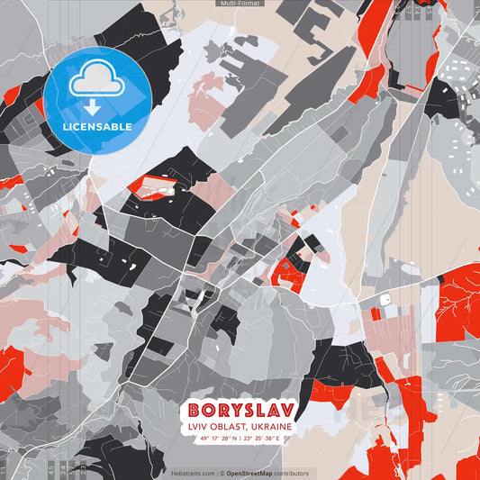 Boryslav, Lviv Oblast, Ukraine - modern street map poster template with gray and red tones