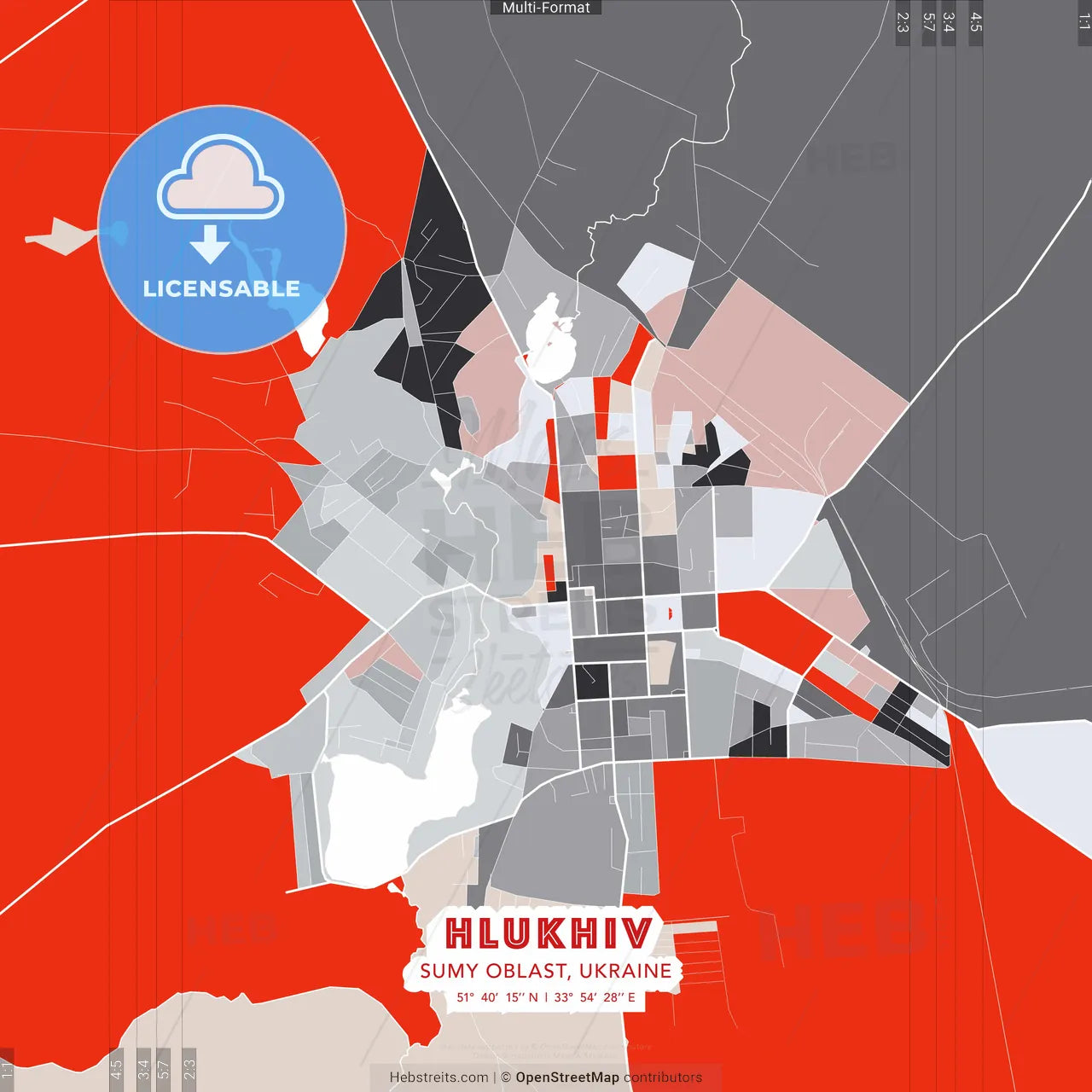 Hlukhiv, Sumy Oblast, Ukraine - modern street map poster template with gray and red tones