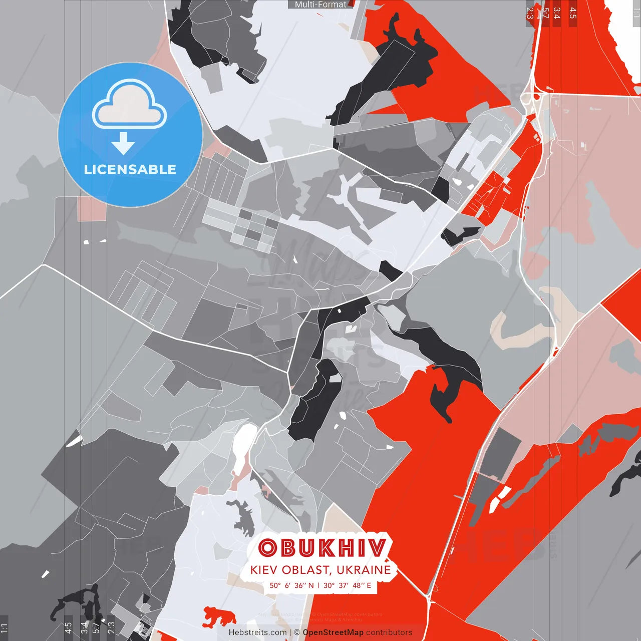 Obukhiv, Kyiv Oblast, Ukraine - modern street map poster template with gray and red tones