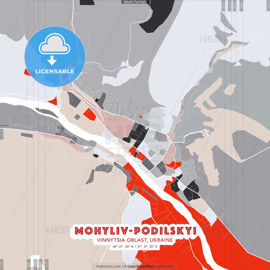 Mohyliv-Podilskyi, Vinnytsia Oblast, Ukraine - modern street map poster template with gray and red tones