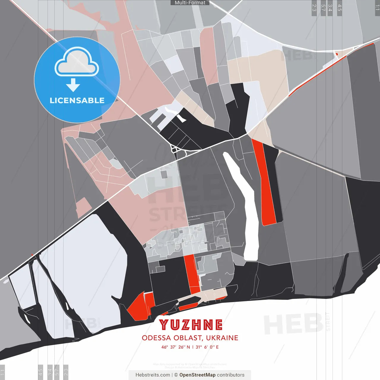 Yuzhne, Odessa Oblast, Ukraine - modern street map poster template with gray and red tones