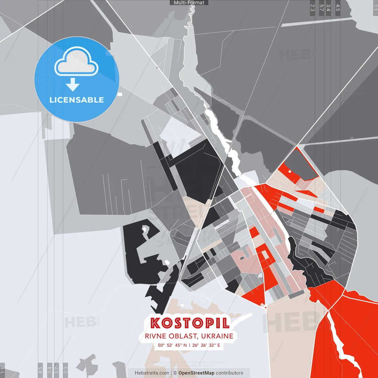 Kostopil, Rivne Oblast, Ukraine - modern street map poster template with gray and red tones