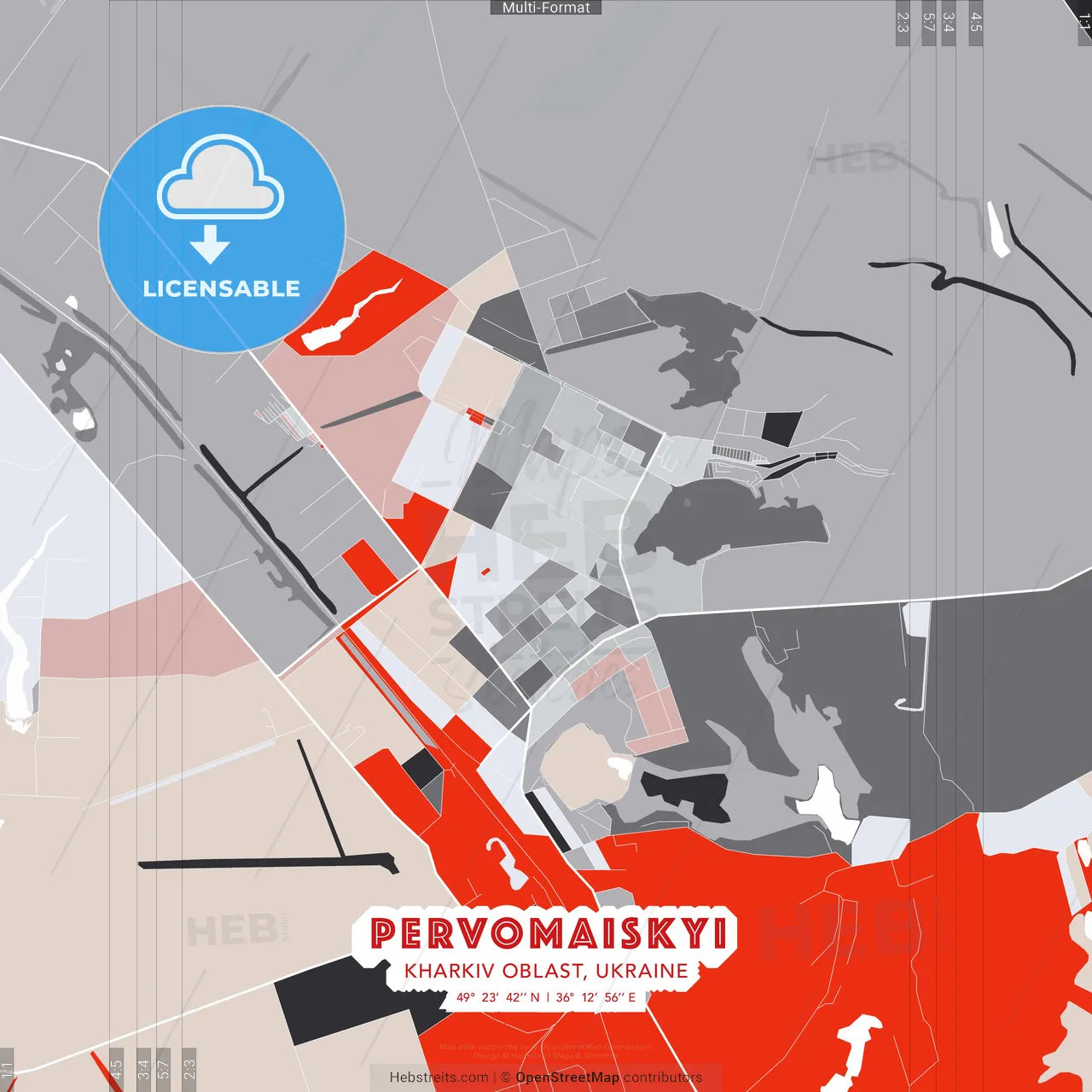 Pervomaiskyi, Kharkiv Oblast, Ukraine - modern street map poster template with gray and red tones