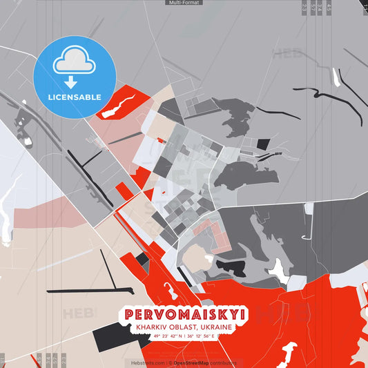 Pervomaiskyi, Kharkiv Oblast, Ukraine - modern street map poster template with gray and red tones