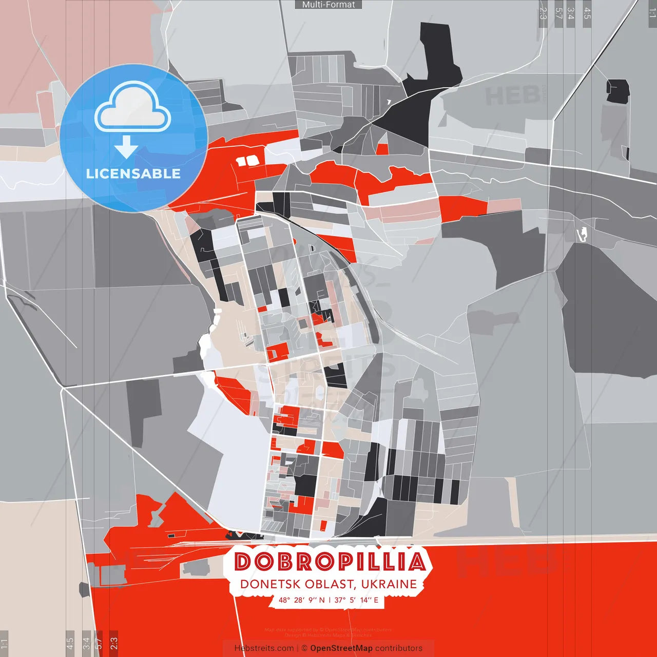 Dobropillia, Donetsk Oblast, Ukraine - modern street map poster template with gray and red tones