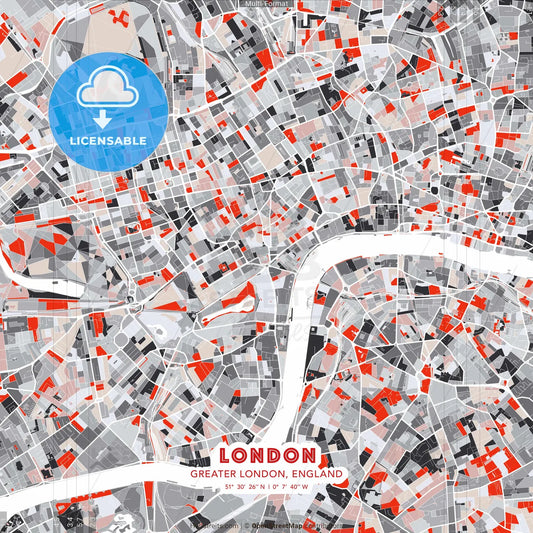 London, Greater London, England - modern street map poster template with gray and red tones