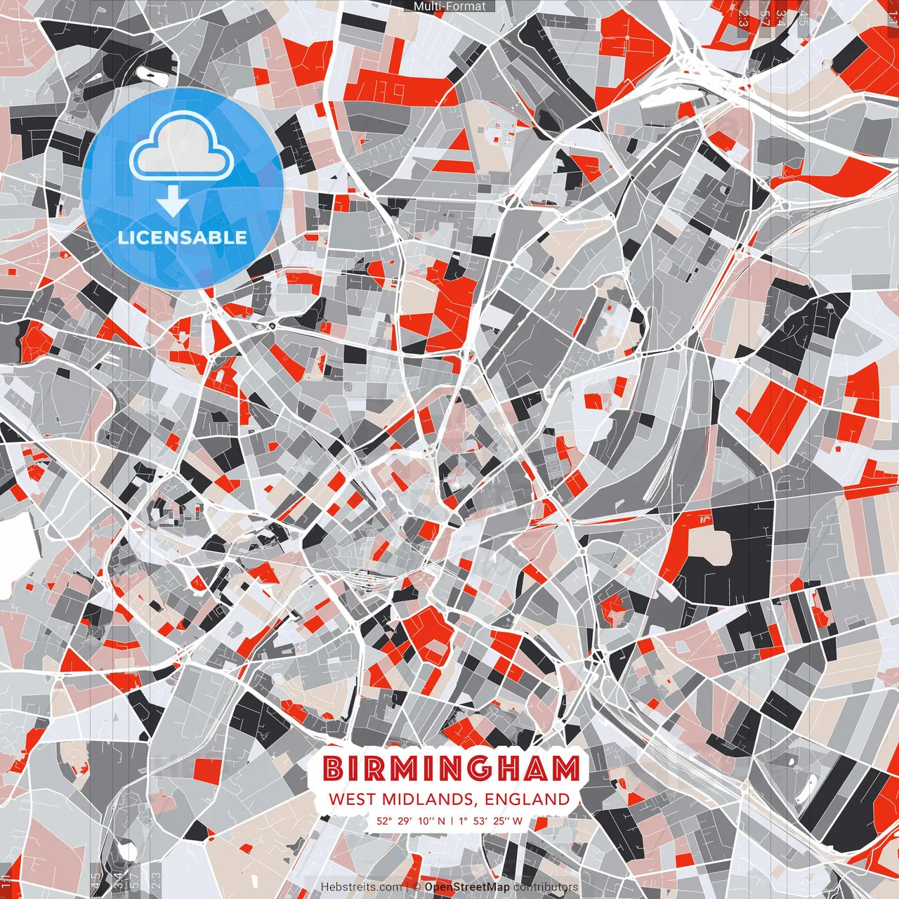 Birmingham, West Midlands, England - modern street map poster template with gray and red tones