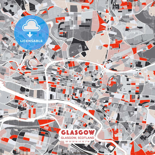Glasgow, Glasgow, Scotland - modern street map poster template with gray and red tones
