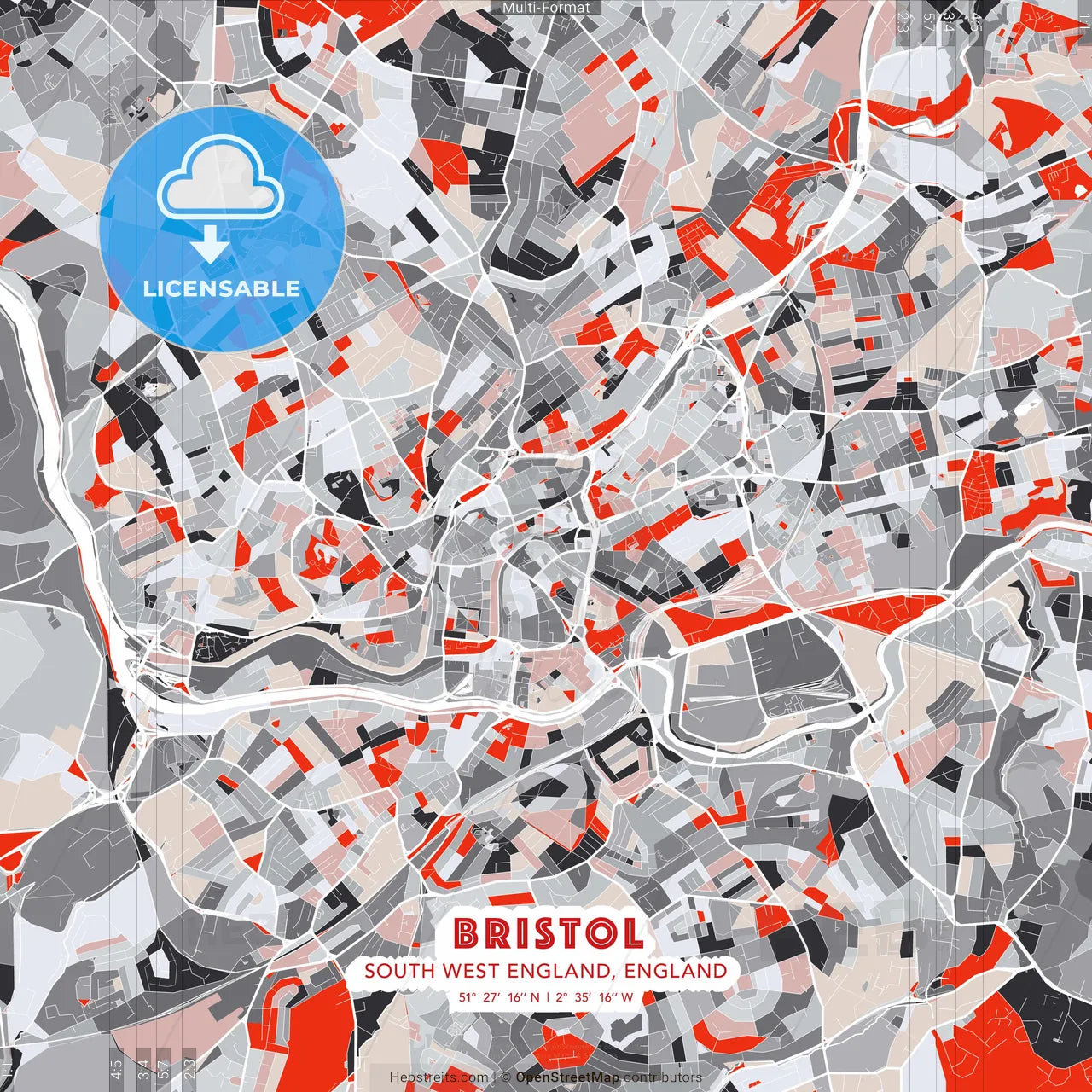 Bristol, South West England, England - modern street map poster template with gray and red tones